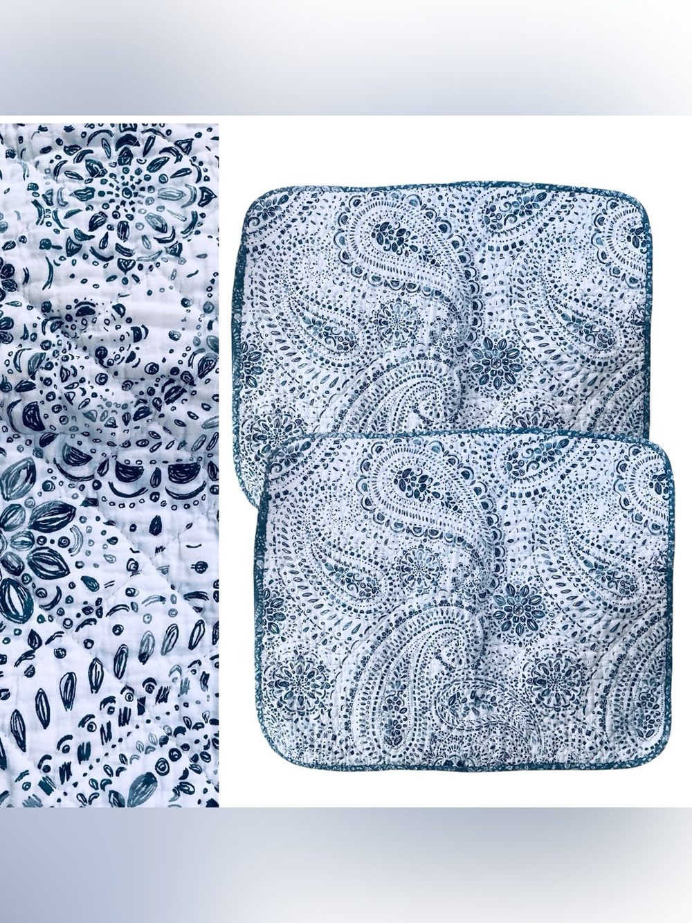 PAIR of Rachel Ashwell Shabby Chic Quilted Pillow Shams Blue On White Paisley